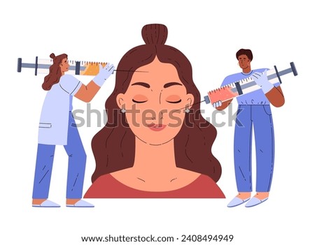 Small cosmetologist characters make beauty face injections to woman. Anti aging skin care and rejuvenation procedure. Flat vector illustration concept.
