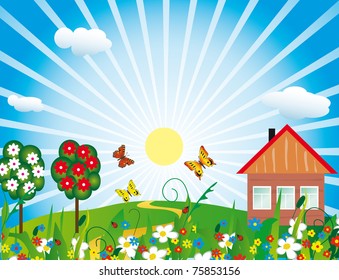 Small cottage among the flowers. Vector illustration