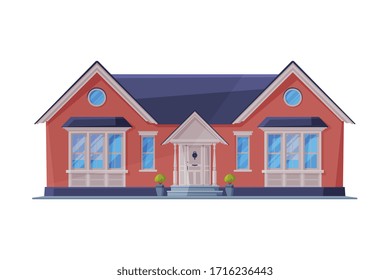 Small Cottage Facade, Red Residential House, Country Real Estate Flat Vector Illustration