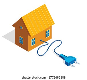 Pequeña casa de campo con enchufe eléctrico 3d ilustración vectorial isométrica o icono aislado en blanco.