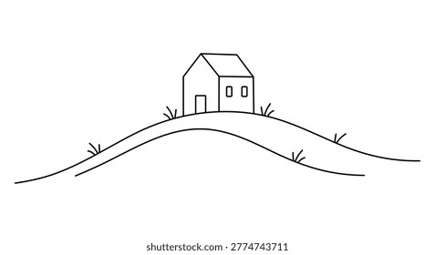 Small cottage house perched atop rolling grassy hill line drawing for architectural concept or whimsical storybook art
