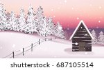 Small cottage located on scenic pine forest in twilight winter