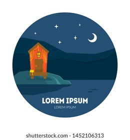 Small Cottage at Night, House and Nght Sky with Stars and Moon Vector Illustration