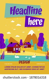 Small cottages or houses in mountains. Backyard, summer, weekend flat vector illustration. Nature and vacation concept for banner, website design or landing web page