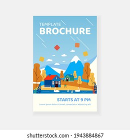 Small cottages or houses in mountains. Backyard, summer, weekend flat vector illustration. Nature and vacation concept for banner, website design or landing web page