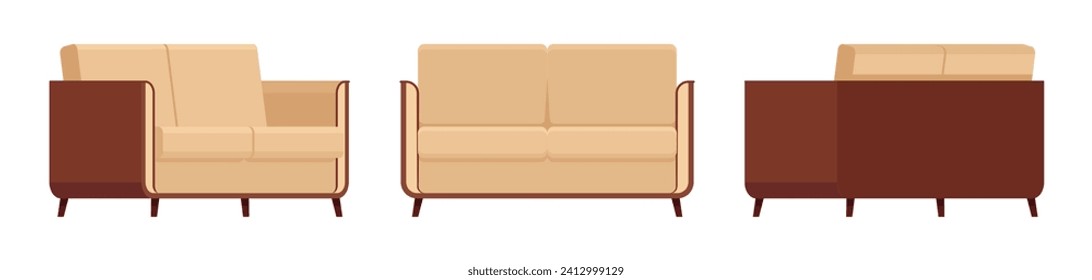 Small couch, loveseat fabric sofa set in brown, beige. Upholstery for living room, dorm, family apartment, studio. Vector flat style cartoon home, office furniture objects isolated on white background