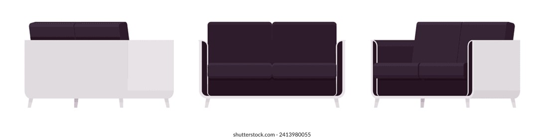 Small couch, loveseat fabric sofa set in black accent. Upholstery for living room, dorm, family apartment, studio. Vector flat style cartoon home, office furniture objects isolated on white background