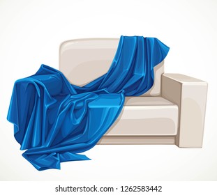 Small couch for two beige leather trimmed draped blue plaid interior object isolated on white background