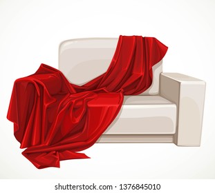 Small couch for two beige leather trimmed draped red plaid interior object isolated on white background