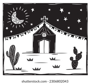 Small country church, starry night and cacti, Festa Junina decoration. Woodcut vector, in the Brazilian cordel style