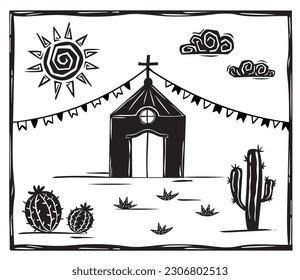 Small country church, sunny sky, Festa Junina decoration. Woodcut vector, in the Brazilian cordel style