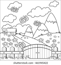 Small country house, meadow and wooden fence. Vector black and white coloring page.