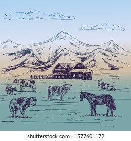 Small country house in mountains with cows herd and horse on hills, hand drawn doodle, sketch in pop art style, outline vector illustration on soft background