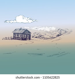 Small country house in mountains, hand drawn doodle sketch, outline vector illustration on soft background