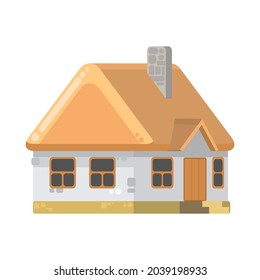 Small country house with orange walls and red roofs. Funny cartoon style. Country suburban village. Traditional simple architecture. Illustration for children is isolated on white background. vector