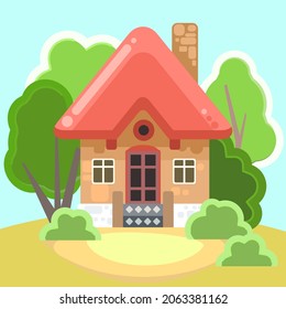 Small country house with orange walls and red roofs. Funny cartoon style. Country suburban village. Traditional simple architecture. Illustration for children. vector