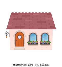 Small country house with a semicircular door. House in flat cartoon style. Isolated on white background. Vector