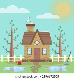 Small country house. Spring time. House, trees, fence, watering can, shovel and puddles on the ground. Stork nest on the roof. Little cozy cottage vector illustration. Rural landscape. 