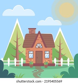 Small country house. Summer house and trees. Exterior of cozy house. Countryside life. Trees, house, fence, track, sun, bushes and grass vector illustration. Tiny brick home. 