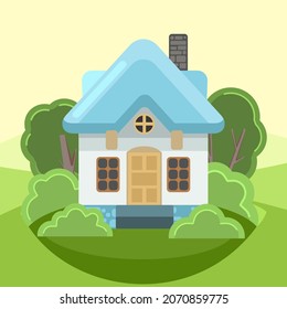 Small country house with white walls and light blue roofs. Funny cartoon style. Country suburban village. Traditional simple architecture. Illustration for children. vector.