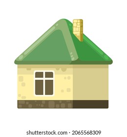 Small country house with yellow walls and green roofs. Funny cartoon style. Country suburban village. Traditional simple architecture. Illustration isolated on a white background. Art vector