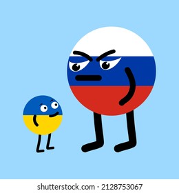 The small country of Ukraine looks kindly at the big and evil Russia. Two geopolitic characters opposite each other. Concept of Russian aggression against the Ukrainian peaceful nation. Prevent war