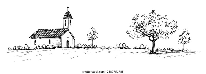 small countryside church with trees in hand-drawn line art style