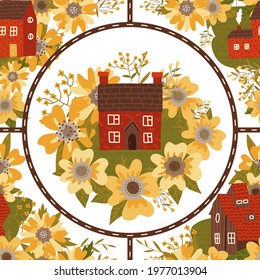Small countryside City seamless pattern with small houses, huge flowers and roads. Map of the settlement, travel. Street with greenery, buildings, florals. Isolated flat vector illustration.