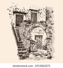Pequeño patio con edificios de piedra, arco y escaleras. Boceto rápido a mano libre.