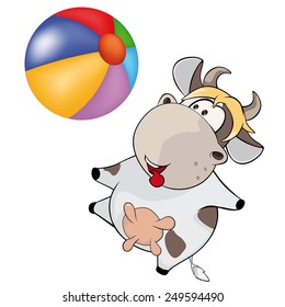 A small cow and a ball. Cartoon 