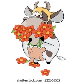 A small cow and flowers cartoon