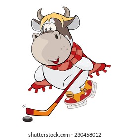 A small cow. A hockey player. Cartoon 