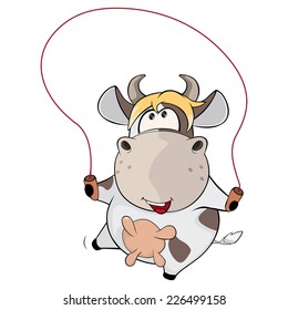 A small cow and a  jump rope. Cartoon 