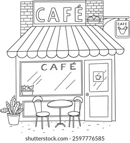 small cozy cafe with outdoor seating hand-drawn illustration