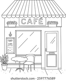 small cozy cafe with outdoor seating hand-drawn illustration