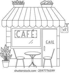 small cozy cafe with outdoor seating hand-drawn illustration
