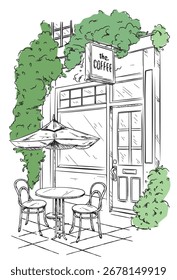 Pequeña cafetería acogedora con asientos al aire libre ilustración dibujada a mano