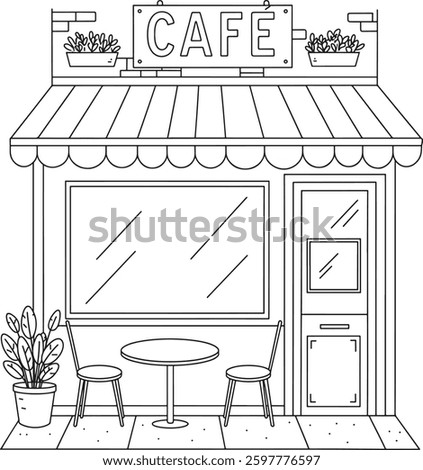 small cozy cafe with outdoor seating hand-drawn illustration
