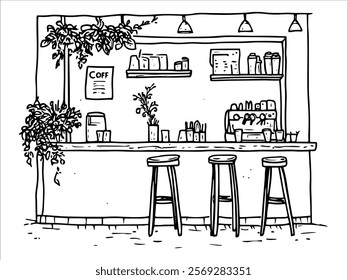 small cozy coffee shop counter with stools and plants hand drawn doodle sketch