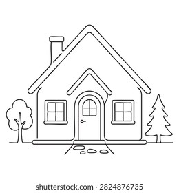 Small cozy cottage house with trees, garden and front pathway in clean line art, suitable for real estate, home, architecture, countryside and residential designs.