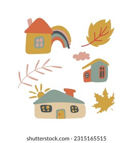 small cozy house with autumn leaves hand drawing doodle. simple drawing on a white background. Vector illustration
