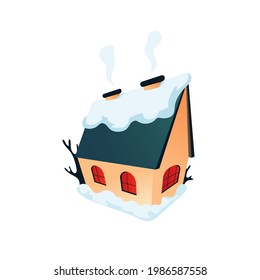 Small cozy house in winter. There is snow on the roof, drifts near the house. Smoke is coming from the chimney. Vector graphics in isometric