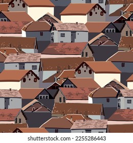 Small cozy houses with red tiled roofs. Serbia, Balkans. Vector repeated seamless border