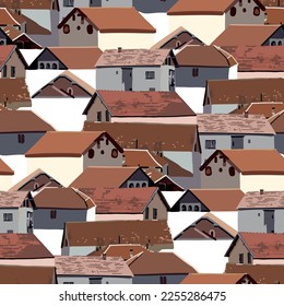 Small cozy houses with red tiled roofs. Serbia, Balkans. Vector repeated seamless border