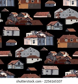 Small cozy houses with red tiled roofs. Serbia, Balkans. Vector repeated seamless border