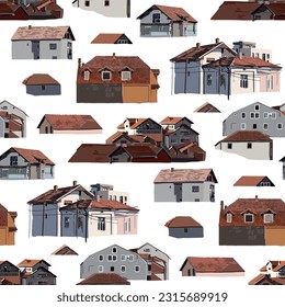 Small cozy houses with red tiled roofs. Serbia, Balkans. Vector repeated seamless border