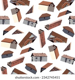 Small cozy houses with red tiled roofs. Serbia, Balkans. Vector repeated seamless border