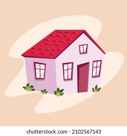 Small cozy one-storeyed country house with green grass and red roof. Vector architecture illustration in flat style.
