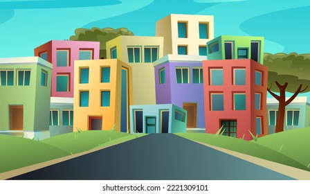 Small cozy town. Homes and offices. Straight road way through meadows. Cartoon fun style. Flat design. Vector.