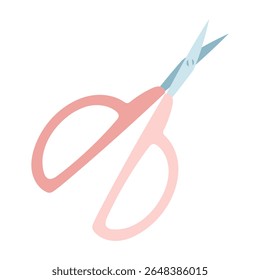 Small craft scissors. Sharp scissors with a pink handle, elongated. For making handmade items. Flat color illustration. For infographics, templates, packaging design, online stores, and workshops